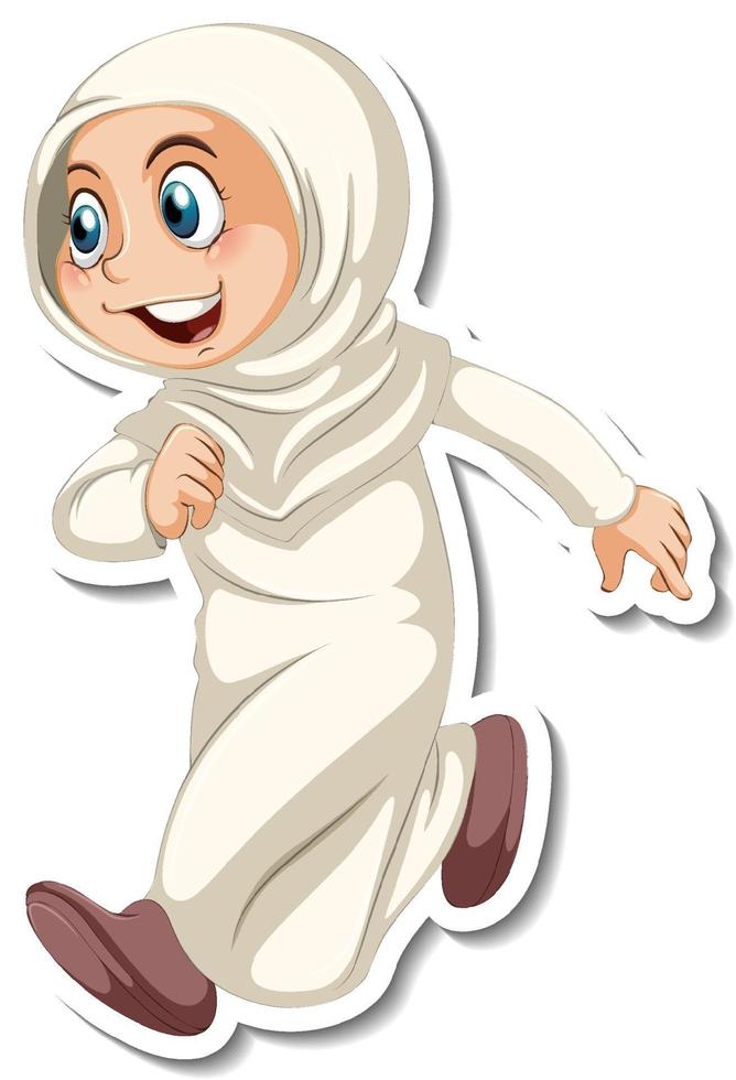een stickersjabloon met moslimmeisje in lopende pose vector