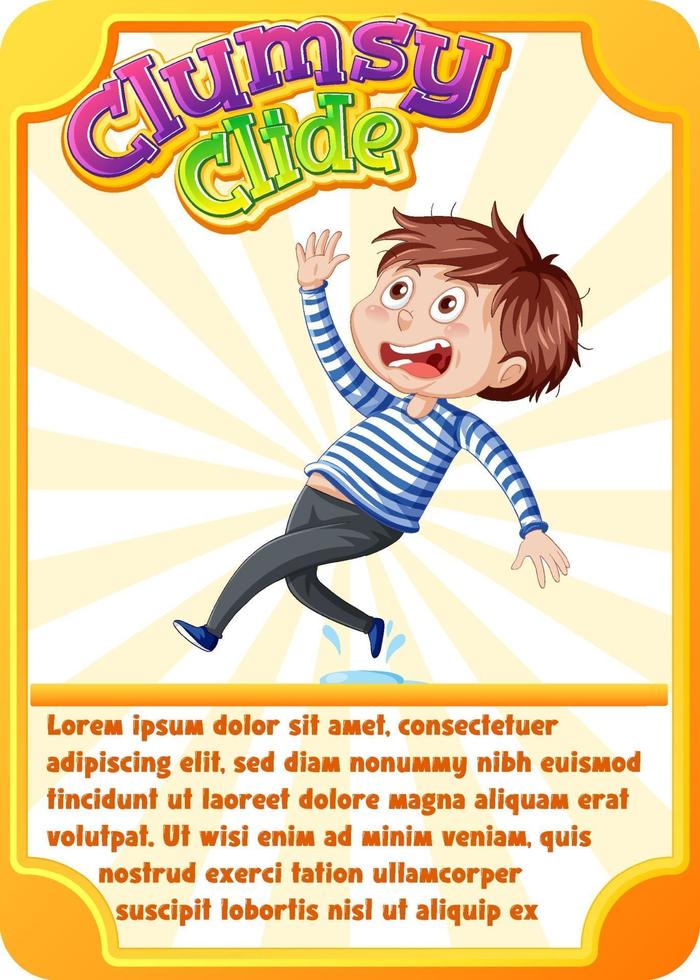 karakter gamekaartsjabloon met woord onhandige clide vector