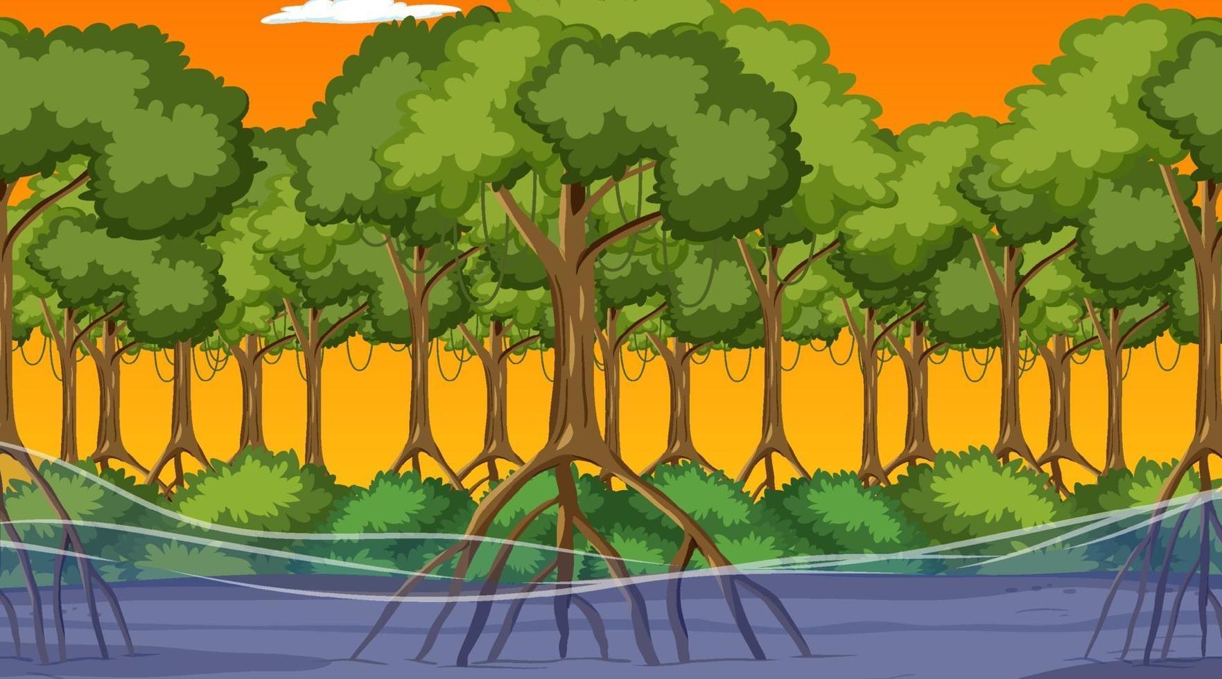 natuurscène met mangrovebos in zonsondergangtijd in beeldverhaalstijl vector