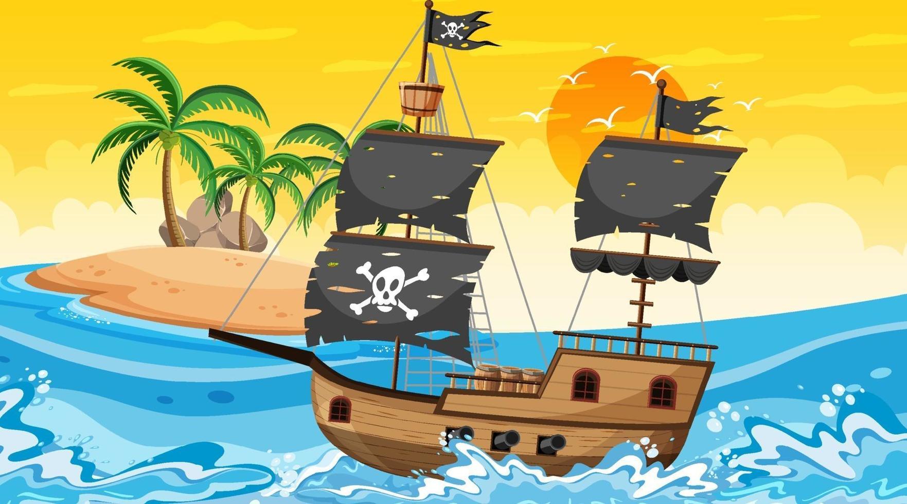 oceaan met piratenschip in de scène van de zonsondergangtijd in cartoonstijl vector