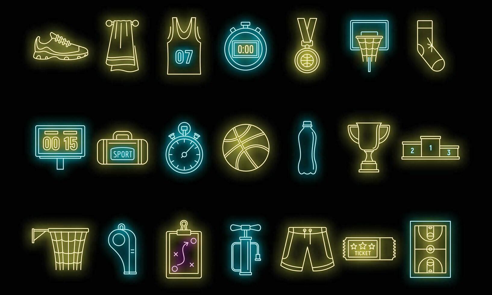 basketbal spel uitrusting pictogrammen reeks vector neon