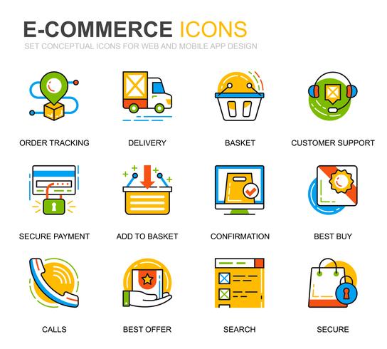 Eenvoudige set e-commerce en winkelen lijn iconen voor website en mobiele apps vector