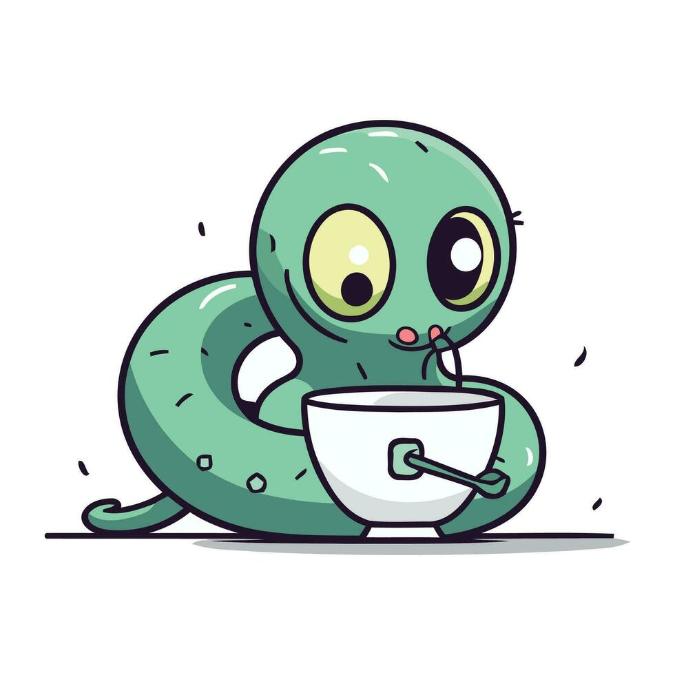 schattig groen slang karakter met kop van koffie. vector illustratie.