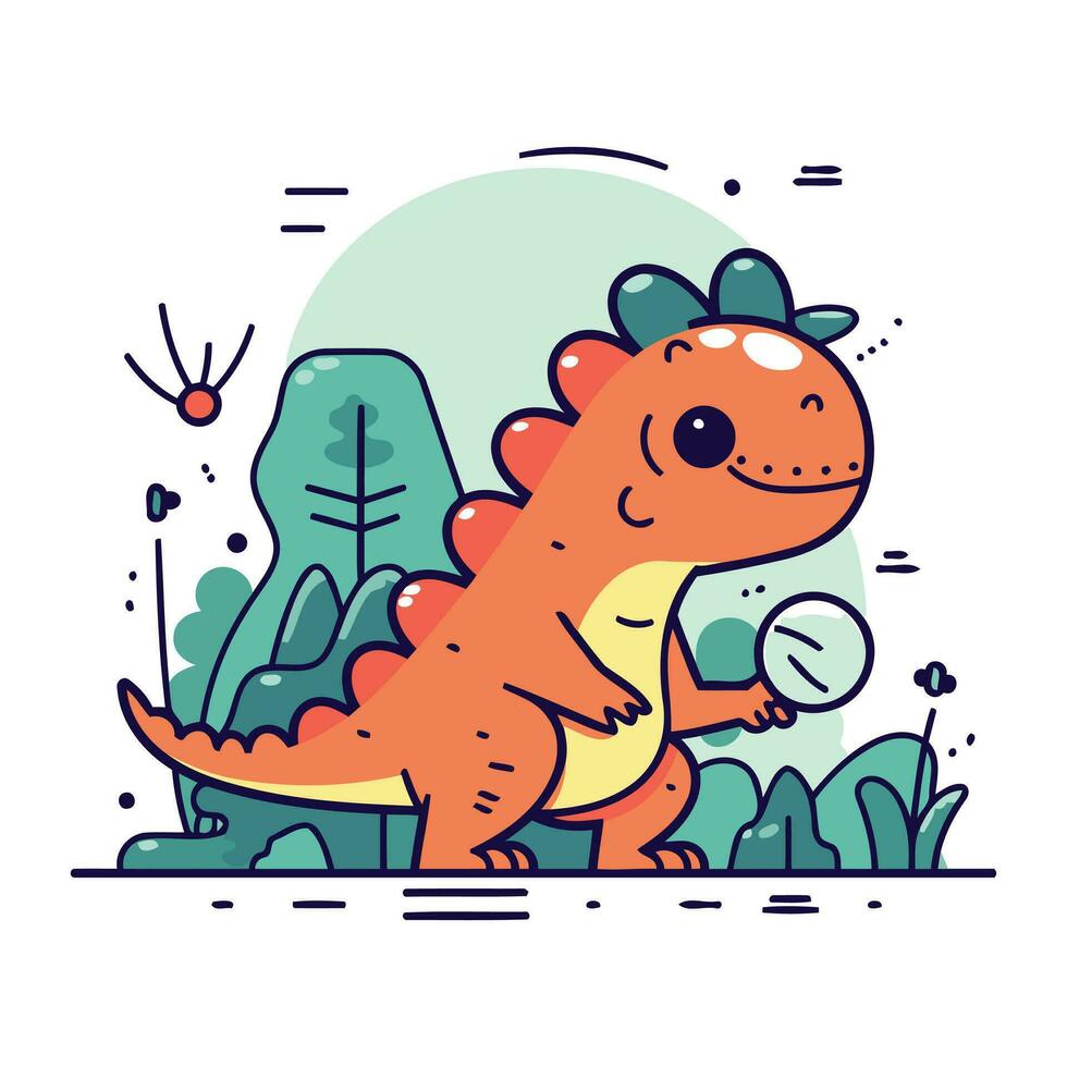 schattig tekenfilm dinosaurus in de oerwoud. vector illustratie in vlak stijl.