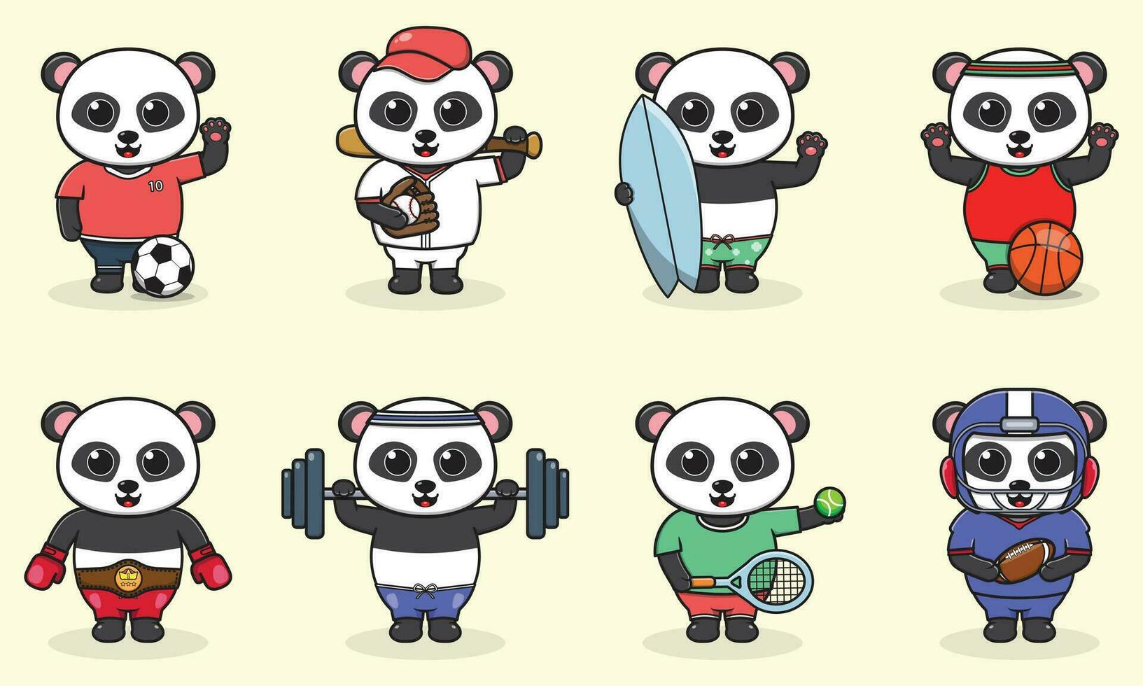 reeks van panda vervelend uniform en gebruik makend van sport- apparatuur. grappig dieren aan het doen oefening. schattig tekenfilm karakter vector reeks geïsoleerd Aan een wit achtergrond. tekenfilm dier sport. panda tekenfilm.