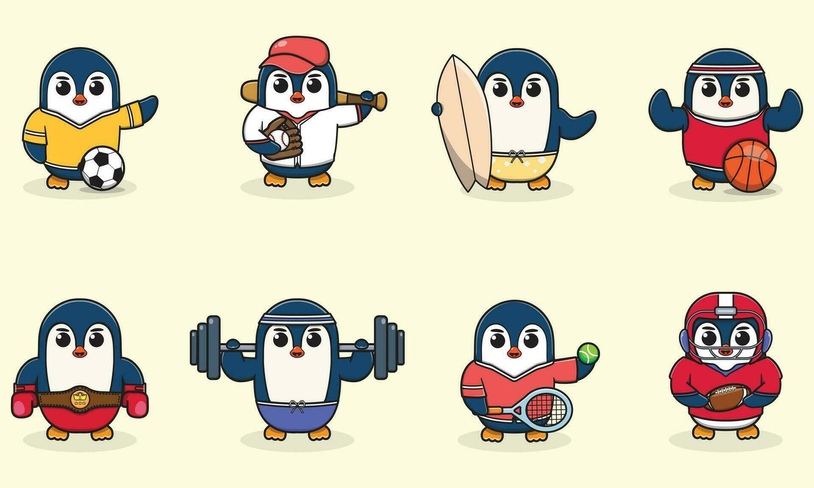 reeks van pinguïn vervelend uniform en gebruik makend van sport- apparatuur. grappig dieren aan het doen oefening. schattig tekenfilm karakter vector reeks geïsoleerd Aan een wit achtergrond. tekenfilm dier sport. pinguïn tekenfilm.