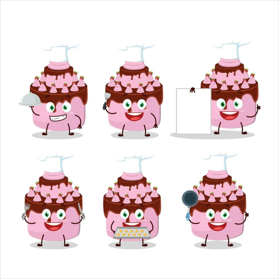 tekenfilm karakter van lieverd taart aardbei met divers chef emoticons vector