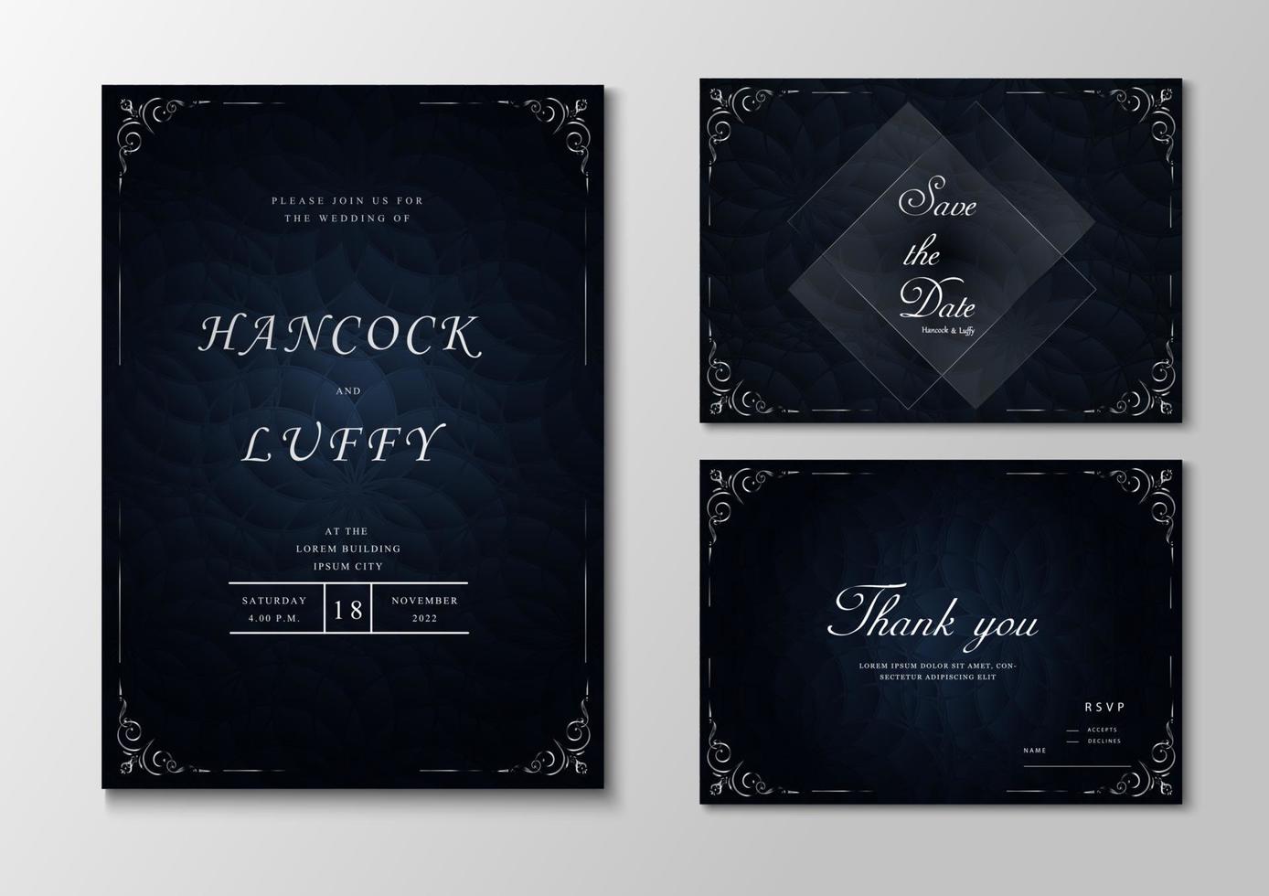 luxe bruiloft uitnodigingskaart met donkere marine achtergrond vector