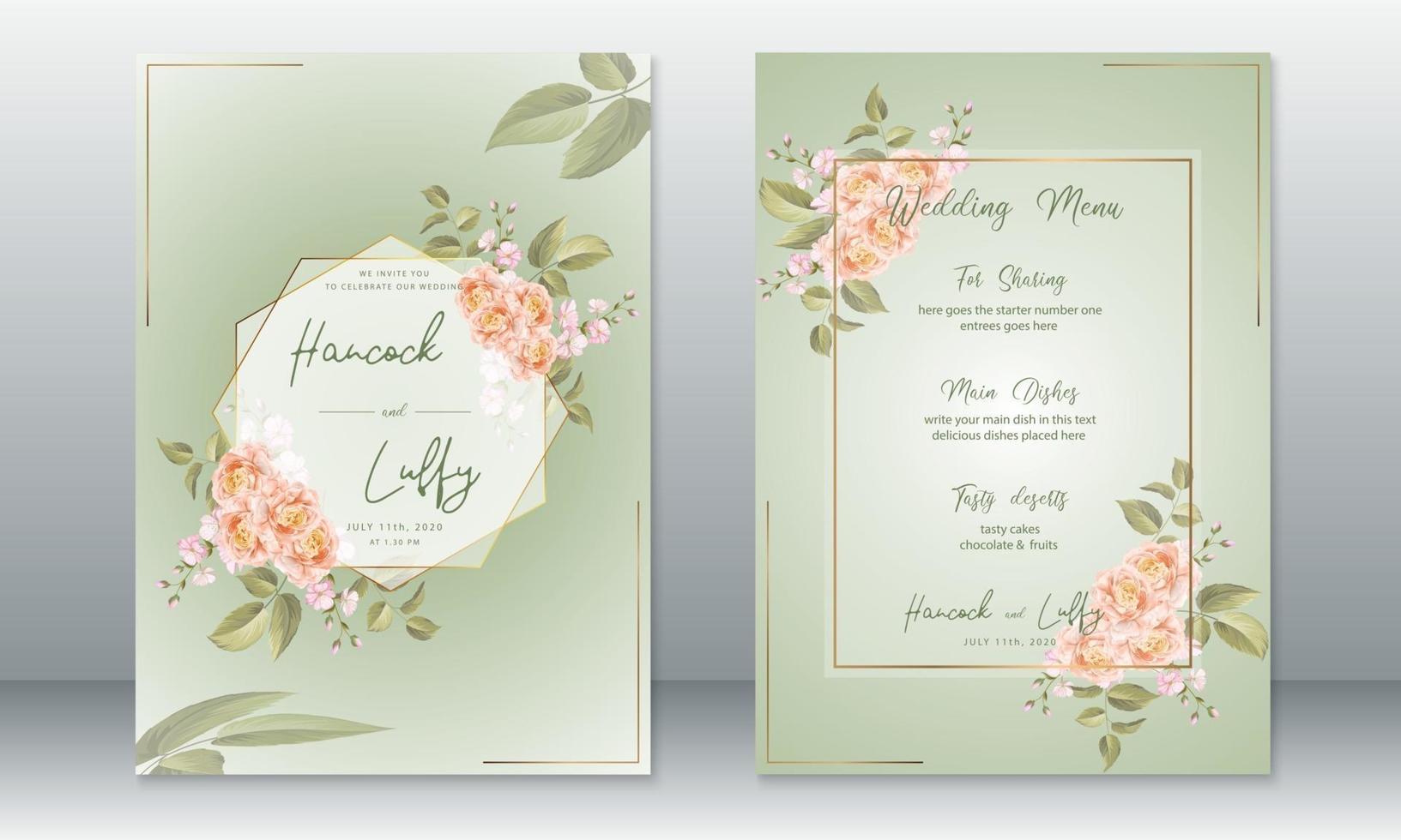 luxe trouwkaart met gouden frame en rozenboeket vector