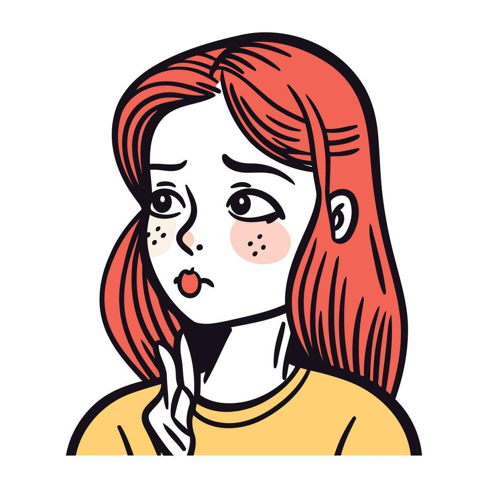 vector illustratie van een jong vrouw met rood haar- en gelaats uitdrukkingen.