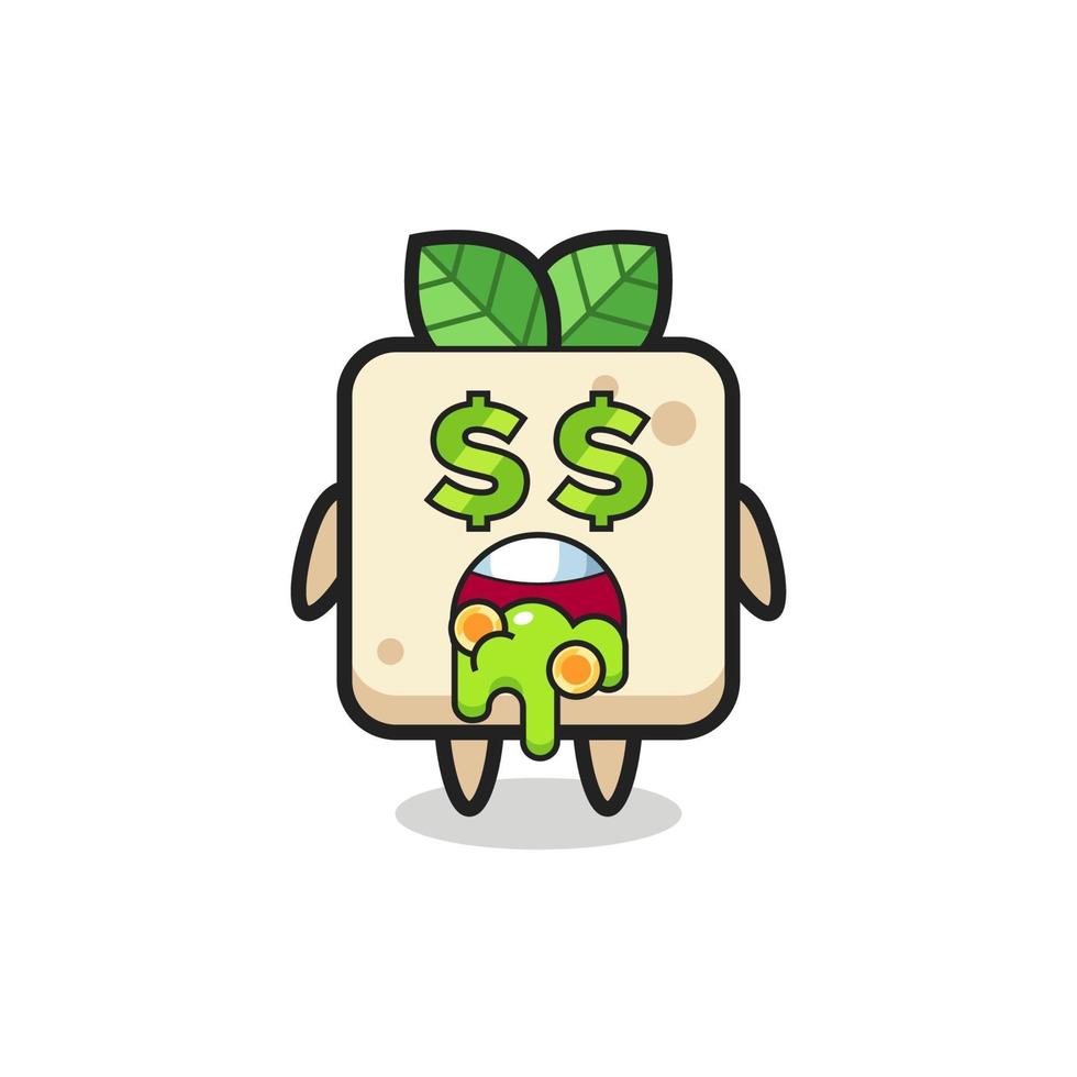 tofu-karakter met een uitdrukking van gek op geld vector