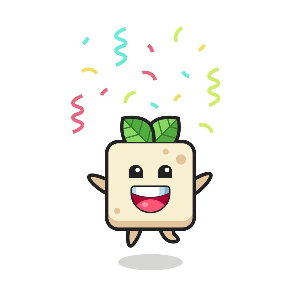 blije tofu-mascotte springen voor felicitatie met gekleurde confetti vector