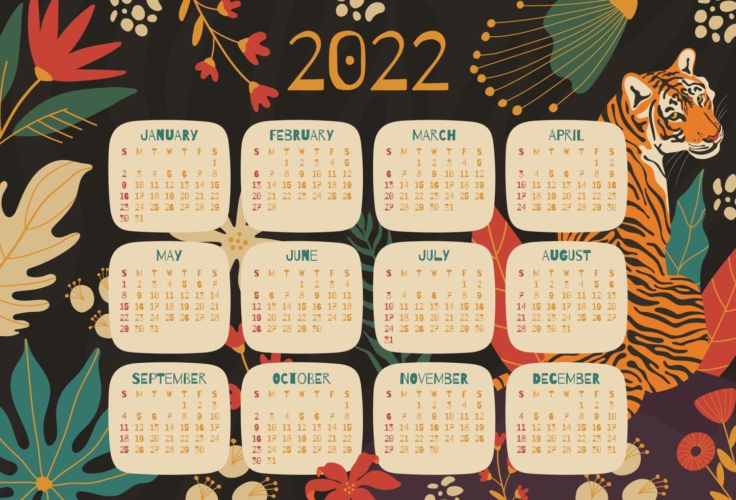 Afdrukbare kalender voor 2022 met illustraties van tijger en gebladerte vector
