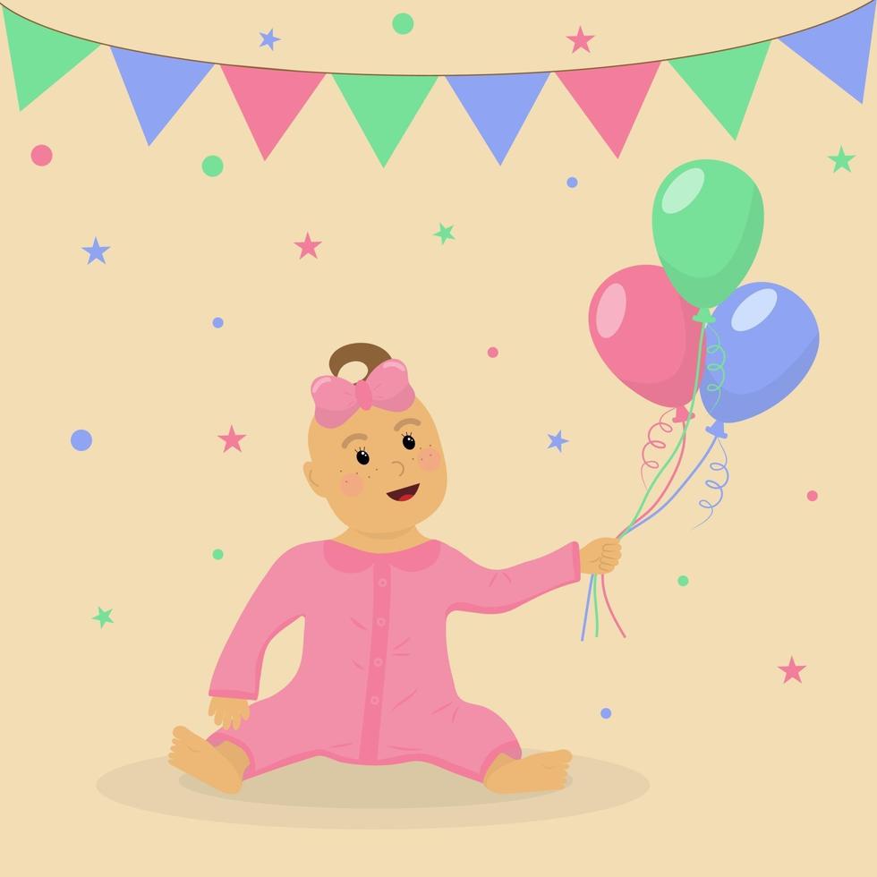 babymeisje zit met luchtballonnen. verjaardagsfeestje voor een klein meisje. vector