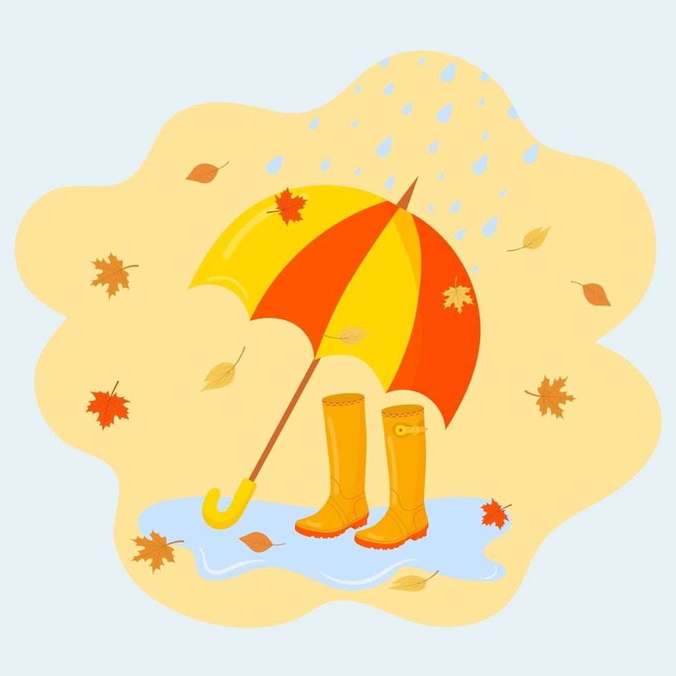paraplu, rubberen laarzen en vallende herfstbladeren. vector