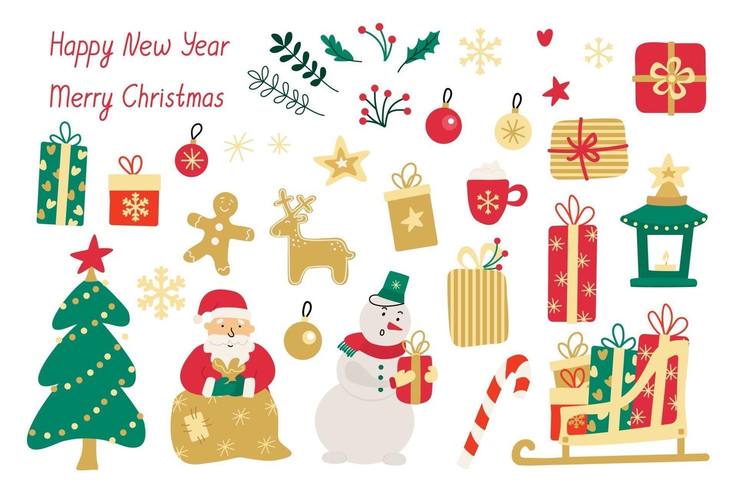 kerstset met geschenkdozen, snoep, drankjes, kerstman en sneeuwpop vector