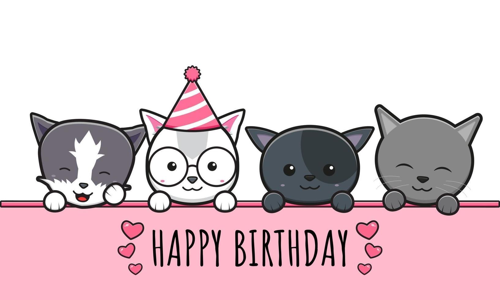 schattige kat en vriend viering gelukkige verjaardag cartoon afbeelding vector
