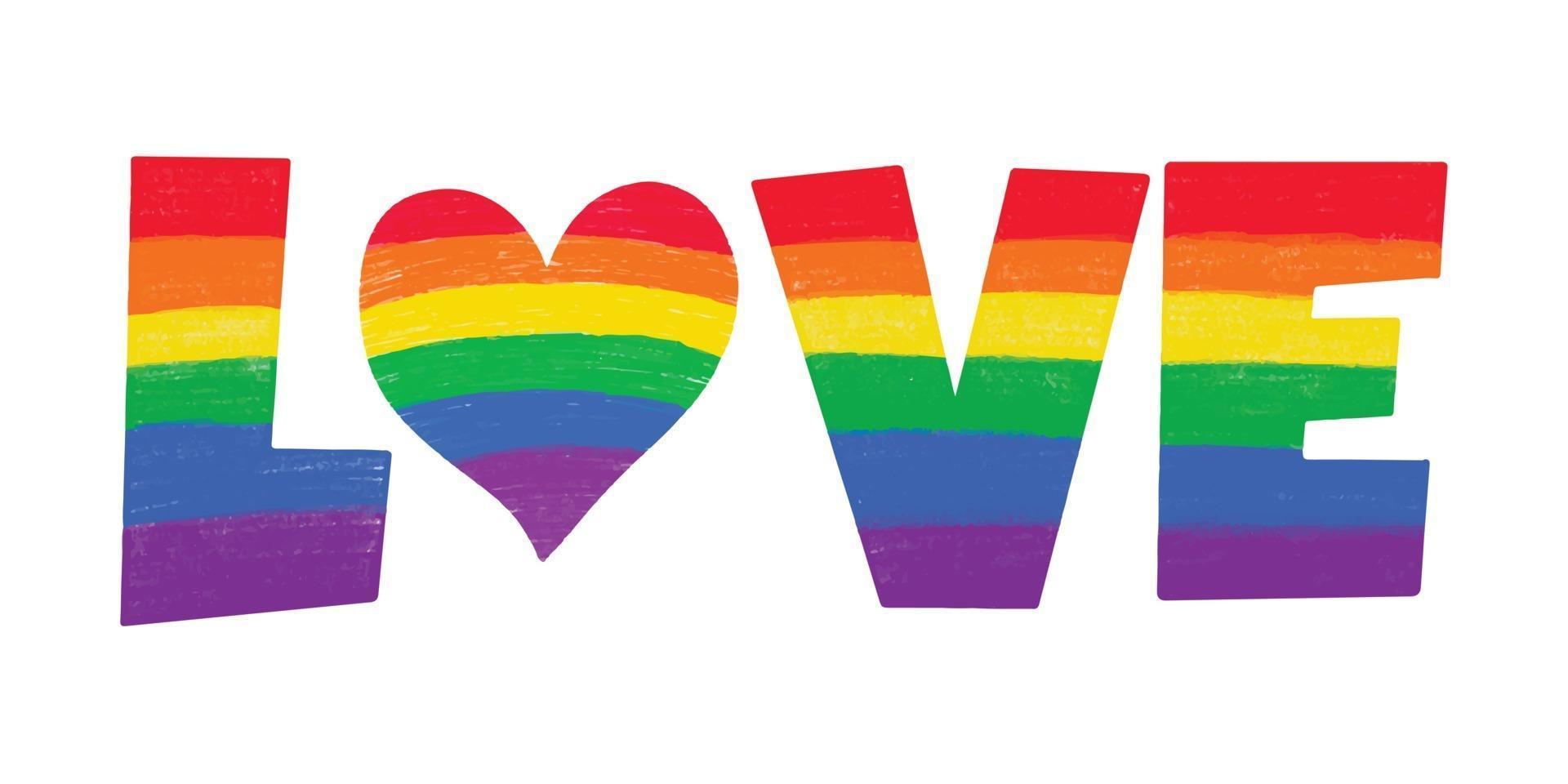 woord liefde gekleurd in regenboog lgbtq gay pride vlag kleuren met hart vector