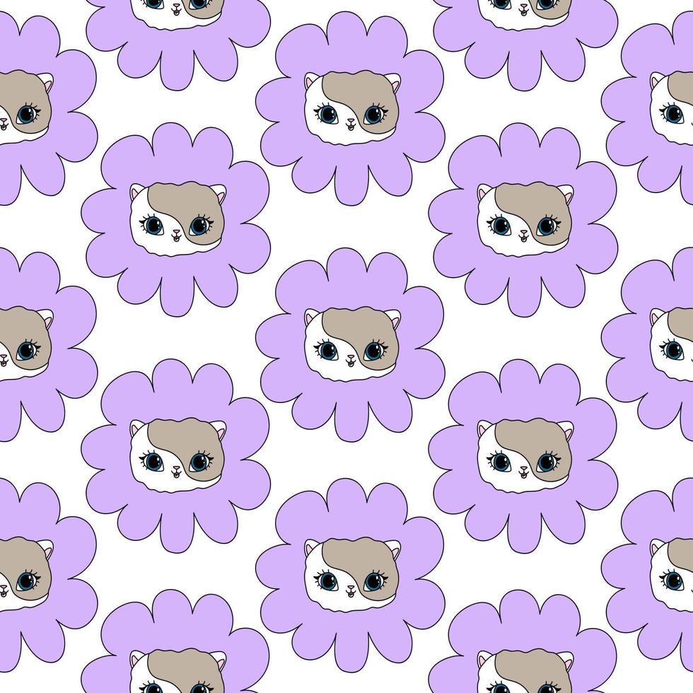 kat in een paarse bloem wit naadloos patroon schattig huisdier voor kinderen vector