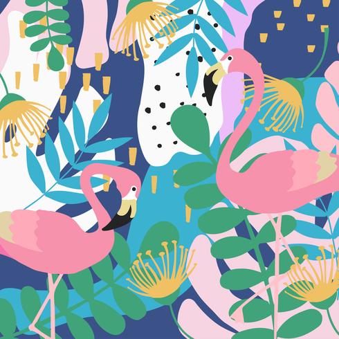 Tropische jungle bladeren en bloemen poster achtergrond met flamingo&#39;s vector