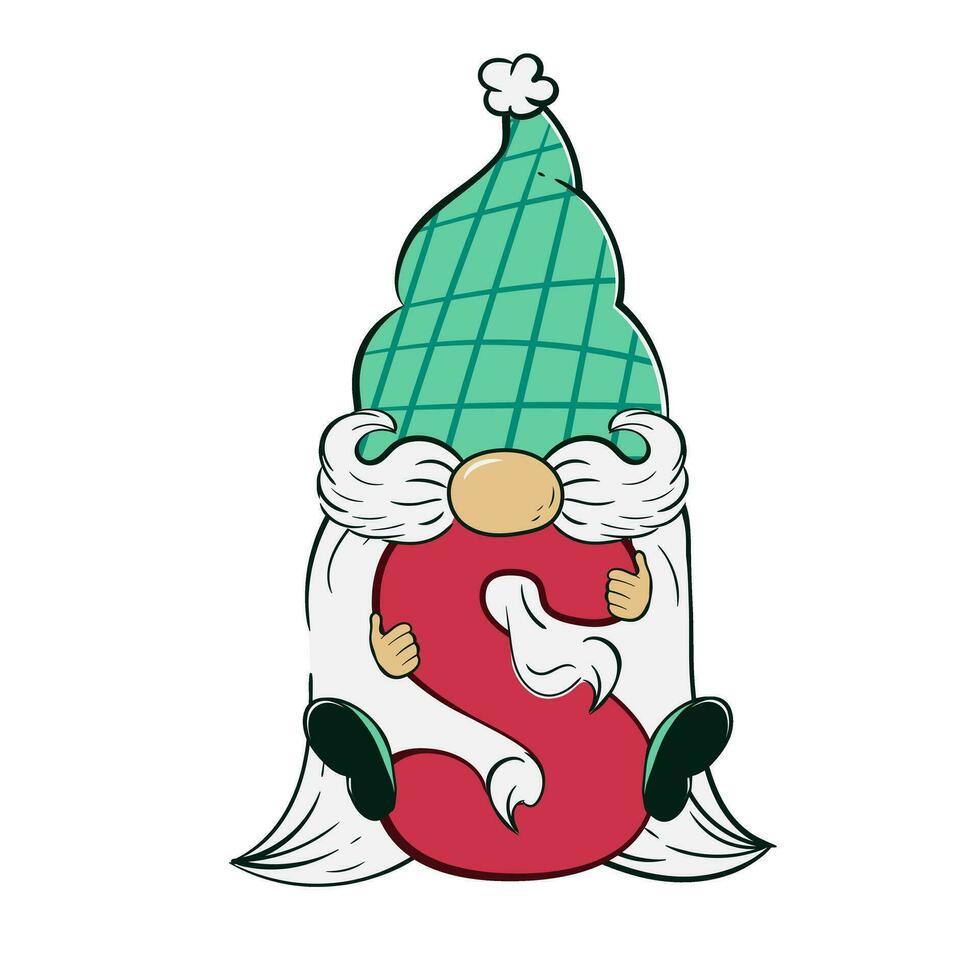 schattig gnoom Holding een brief s voor Kerstmis en nieuw jaar. vector illustratie van tekenfilm tekening karakter van dwerg