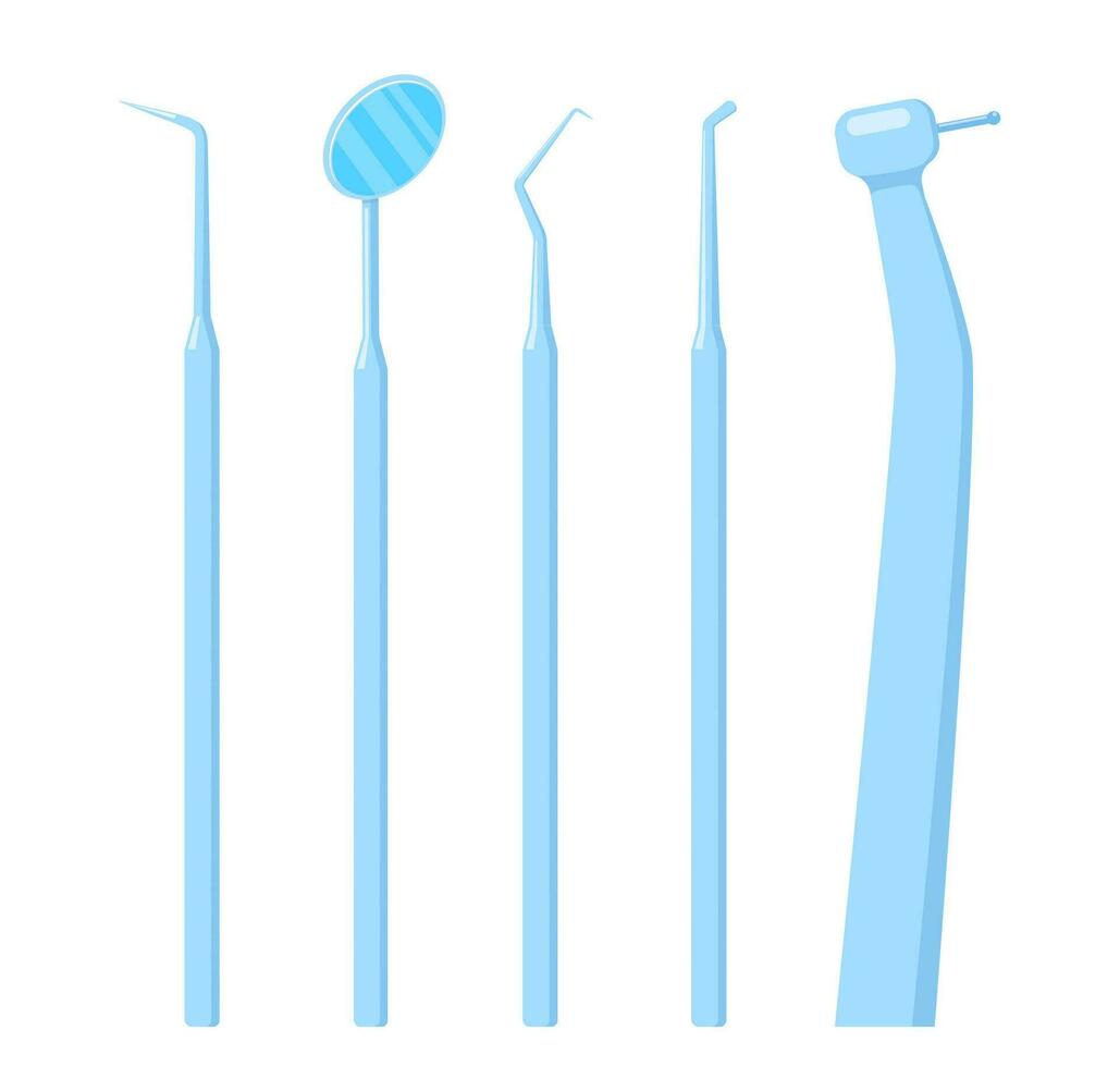 tanden tandheelkundig medisch uitrusting staal gereedschap set, vector illustratie in vlak stijl.