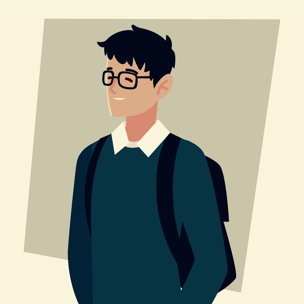 student man met bril en tas karakter, mensen student universiteit vector