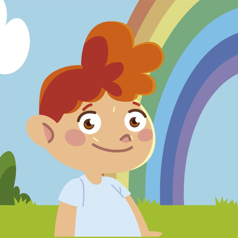 gelukkige kleine jongen regenboog hemel tekenfilm, kinderen vector