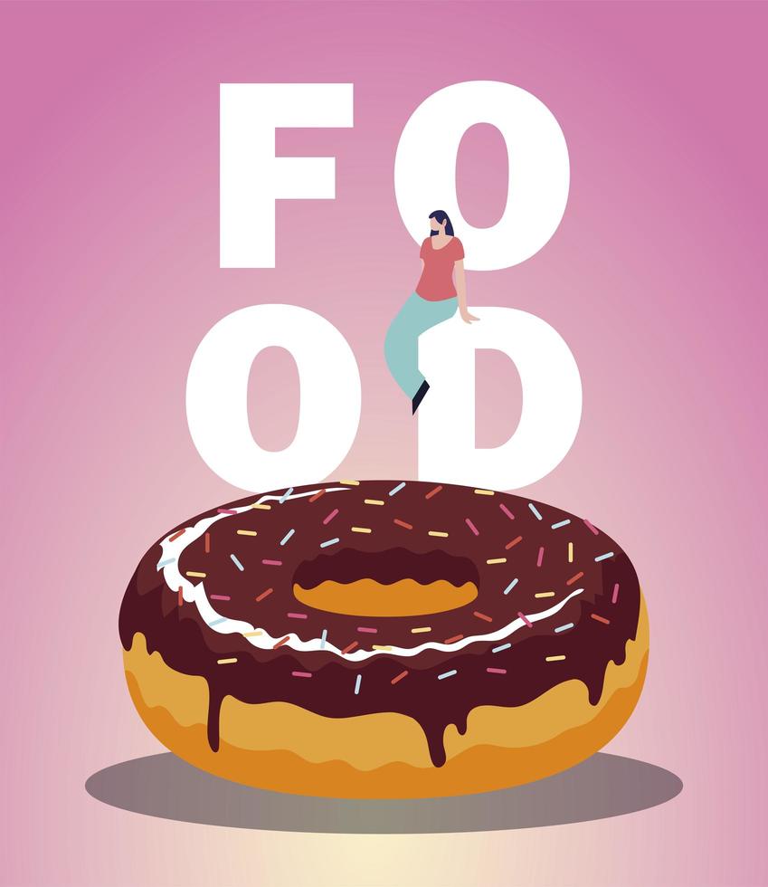 zoete chocoladedoughnut en vrouw op voedselbelettering vector