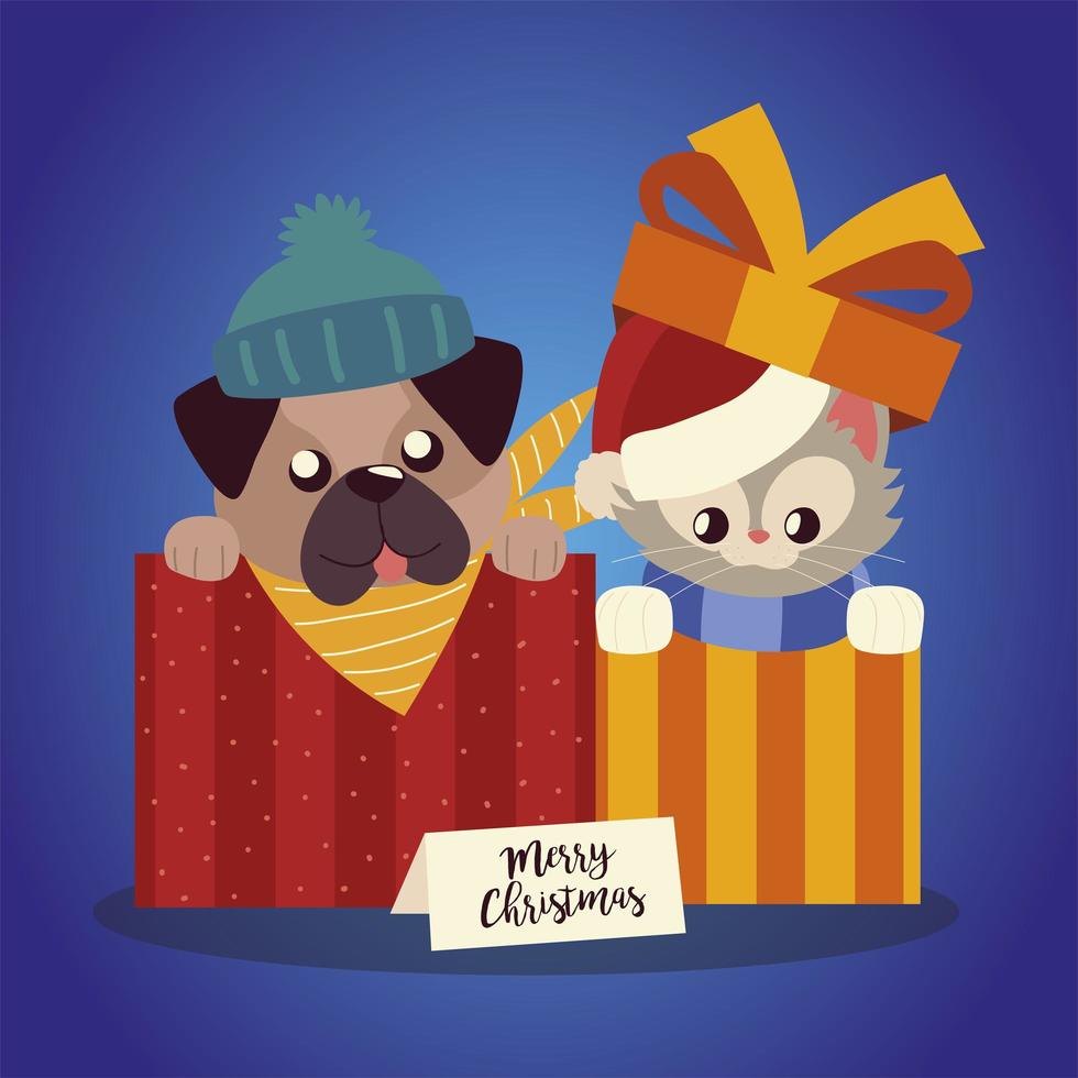 vrolijk kerstfeest schattige kat en hond in dozen cartoon vector