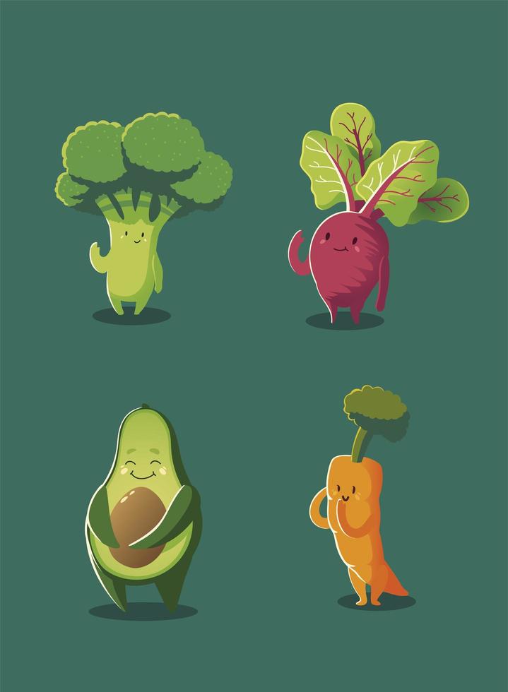 groenten kawaii schattig broccoli biet avocado wortel cartoon stijl vector