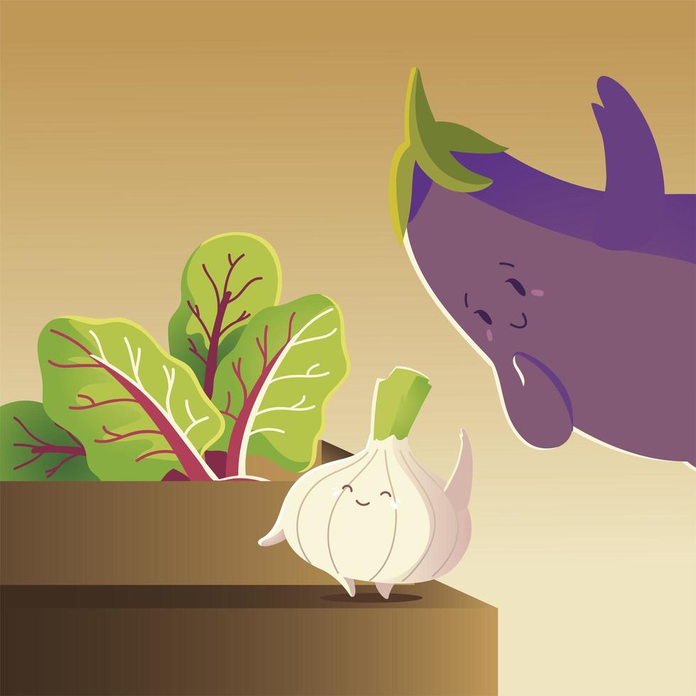 groenten kawaii schattige cartoon ui aubergine en sla bladeren vector