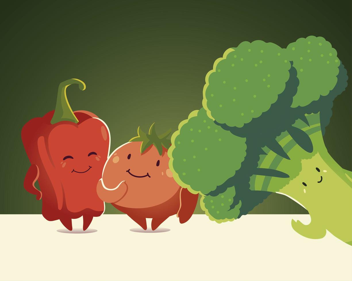 groenten kawaii schattige cartoon broccoli tomaat en peper vector