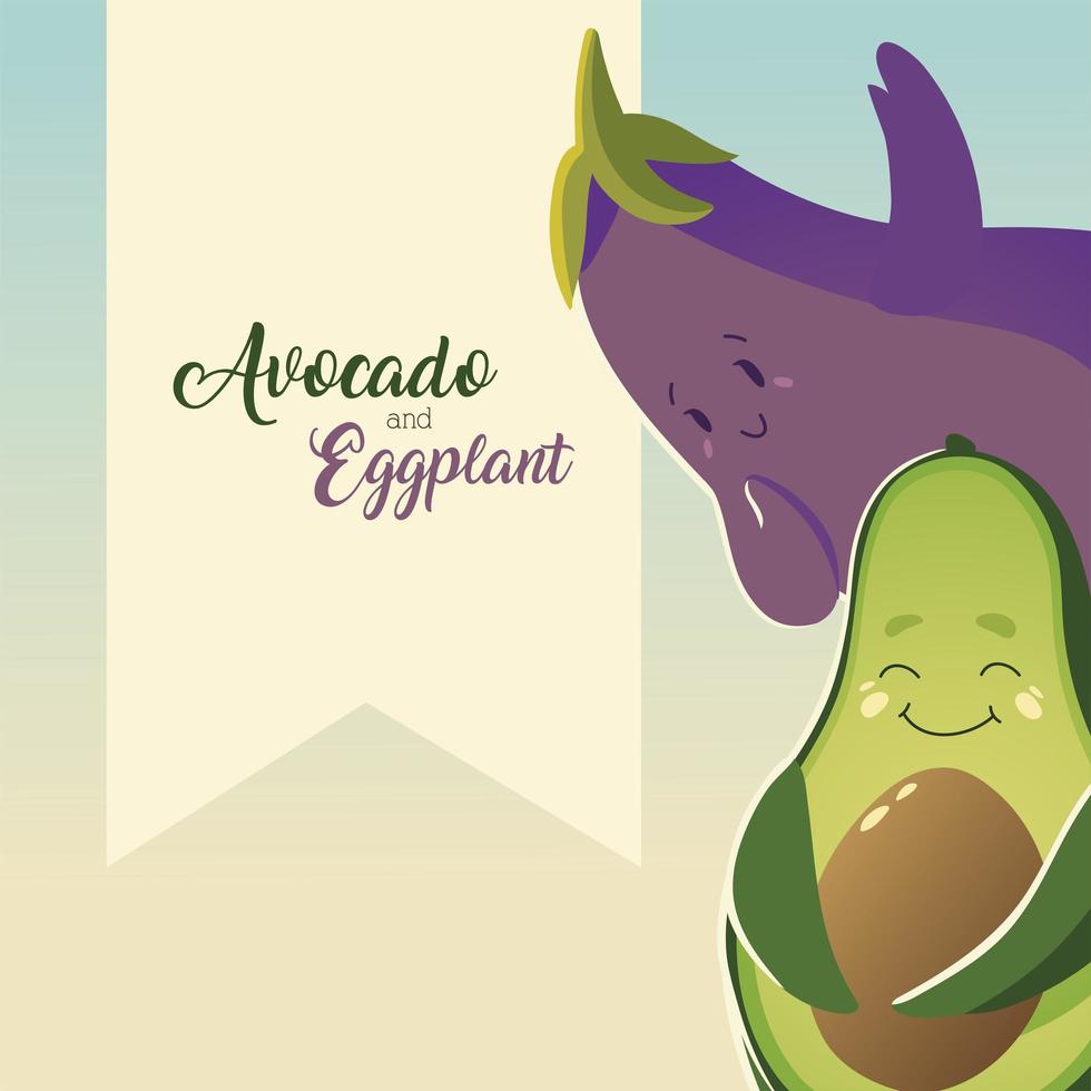 groenten kawaii schattige cartoon avocado en aubergine vector