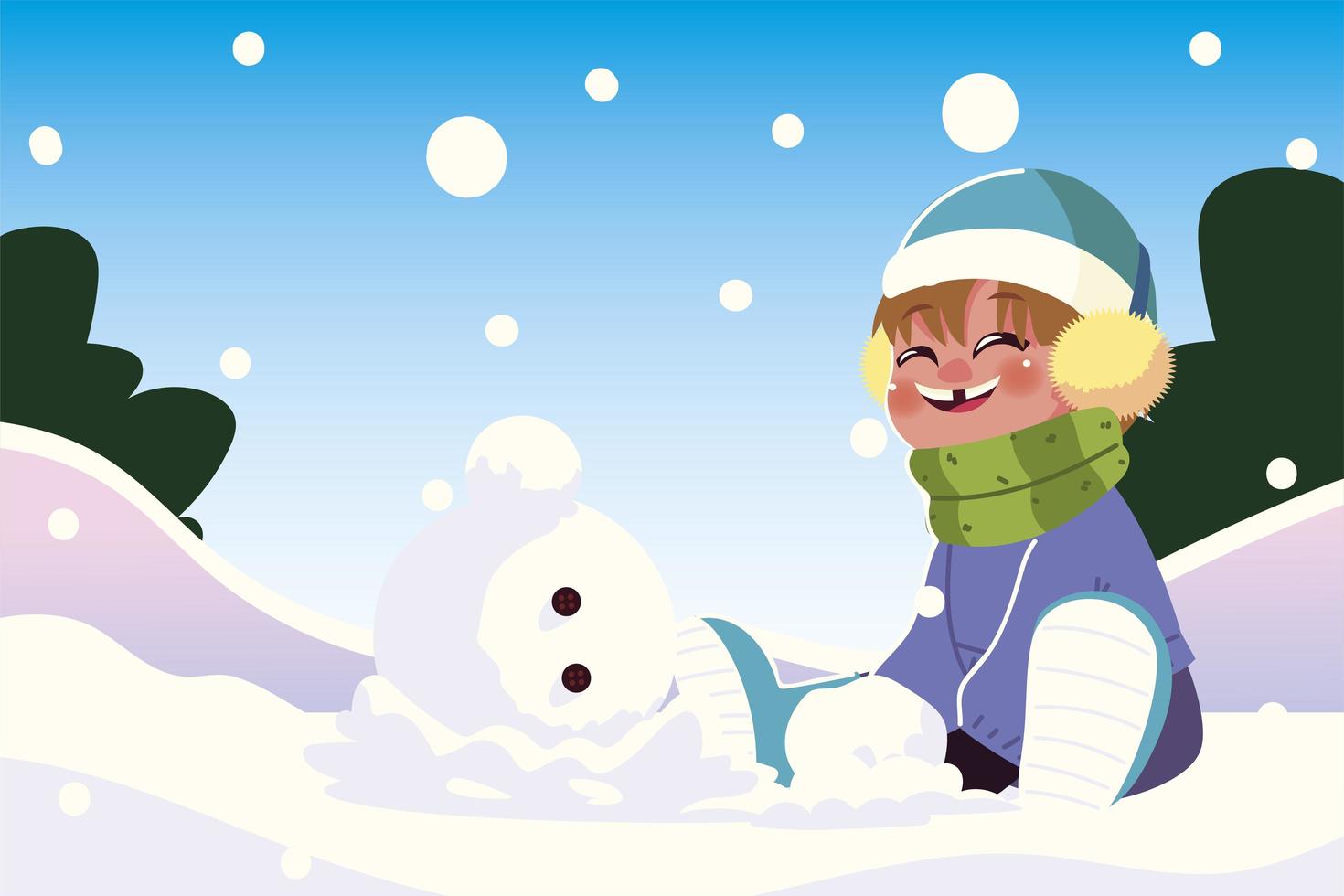 gelukkige jongen met warme kleren die in de sneeuw zit te spelen vector