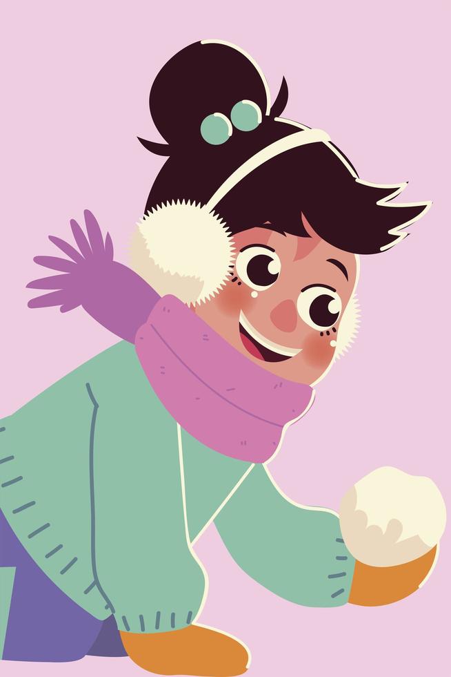 lachend meisje met winter oorbeschermers en sneeuwbal vector