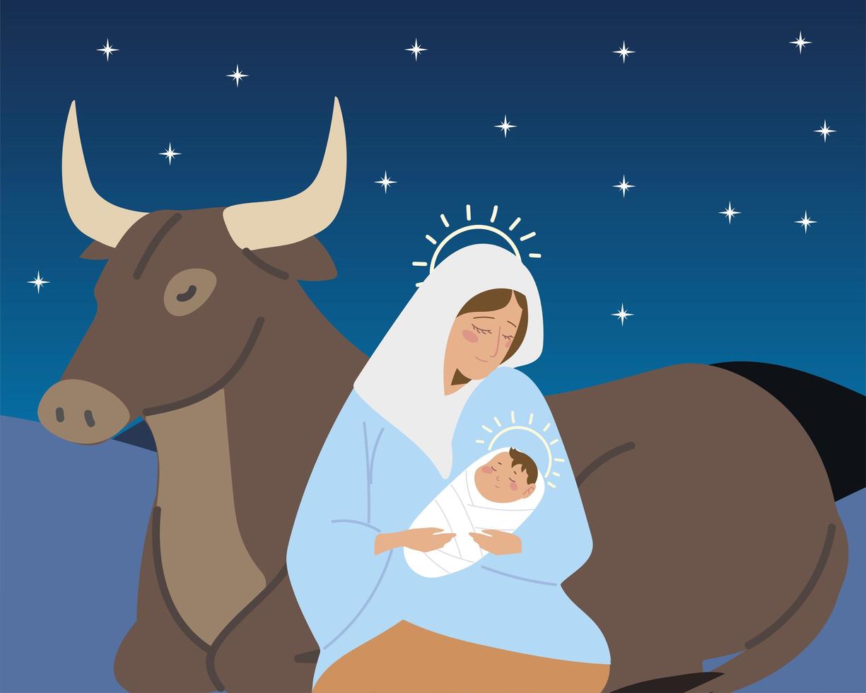 kerststal maria met baby jezus en ossendieren kribbe vector