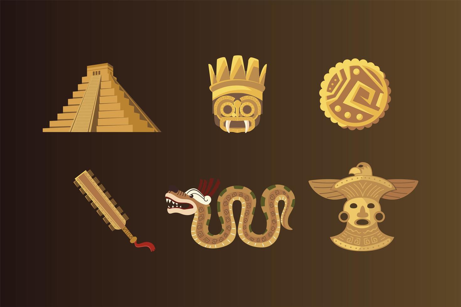 Azteekse piramide wapen masker munt ornament pictogrammen vector