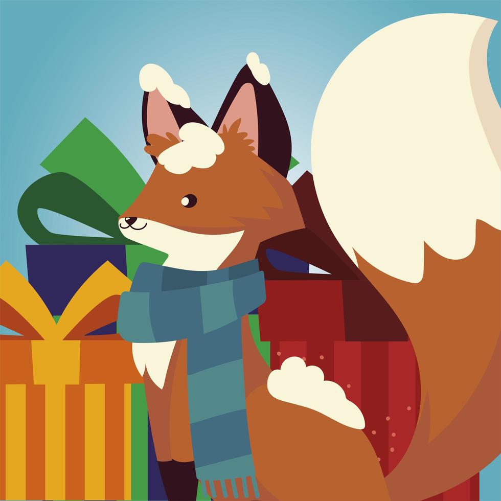 vrolijk kerstfeest schattige vos met sjaal sneeuw en geschenkdozen vector