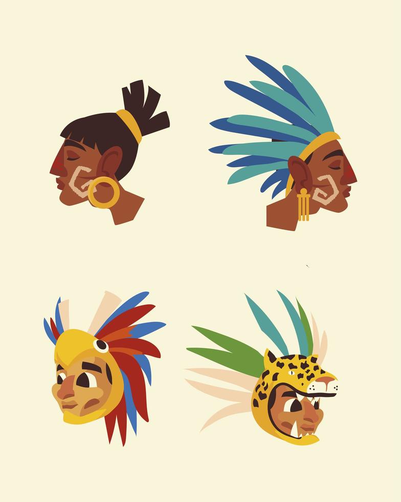 Azteekse krijger wordt geconfronteerd met traditionele hoofddeksels, verenpictogrammen vector