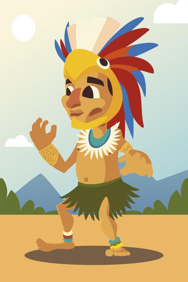 Azteekse krijger in traditionele kleding en hoofddeksellandschap vector