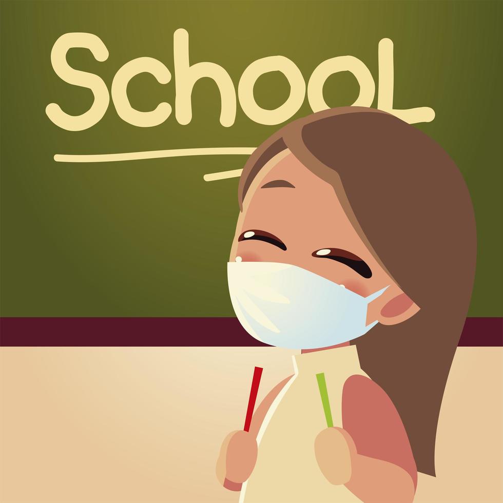 terug naar school van meisjesjongen met medisch masker en bord vectorontwerp vector