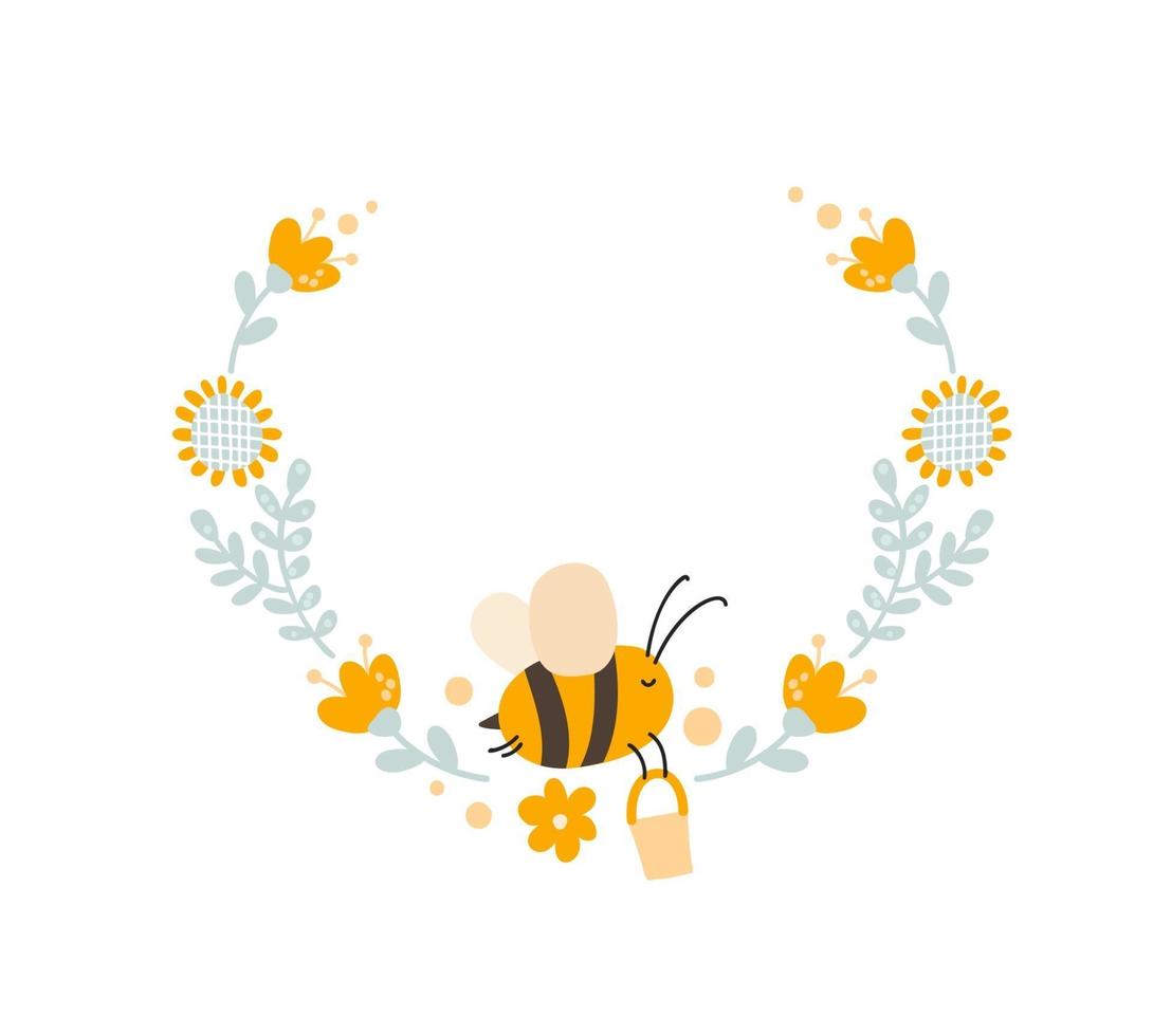 karakter van schattige kinderen bijenhoning met bloemenkrans vector