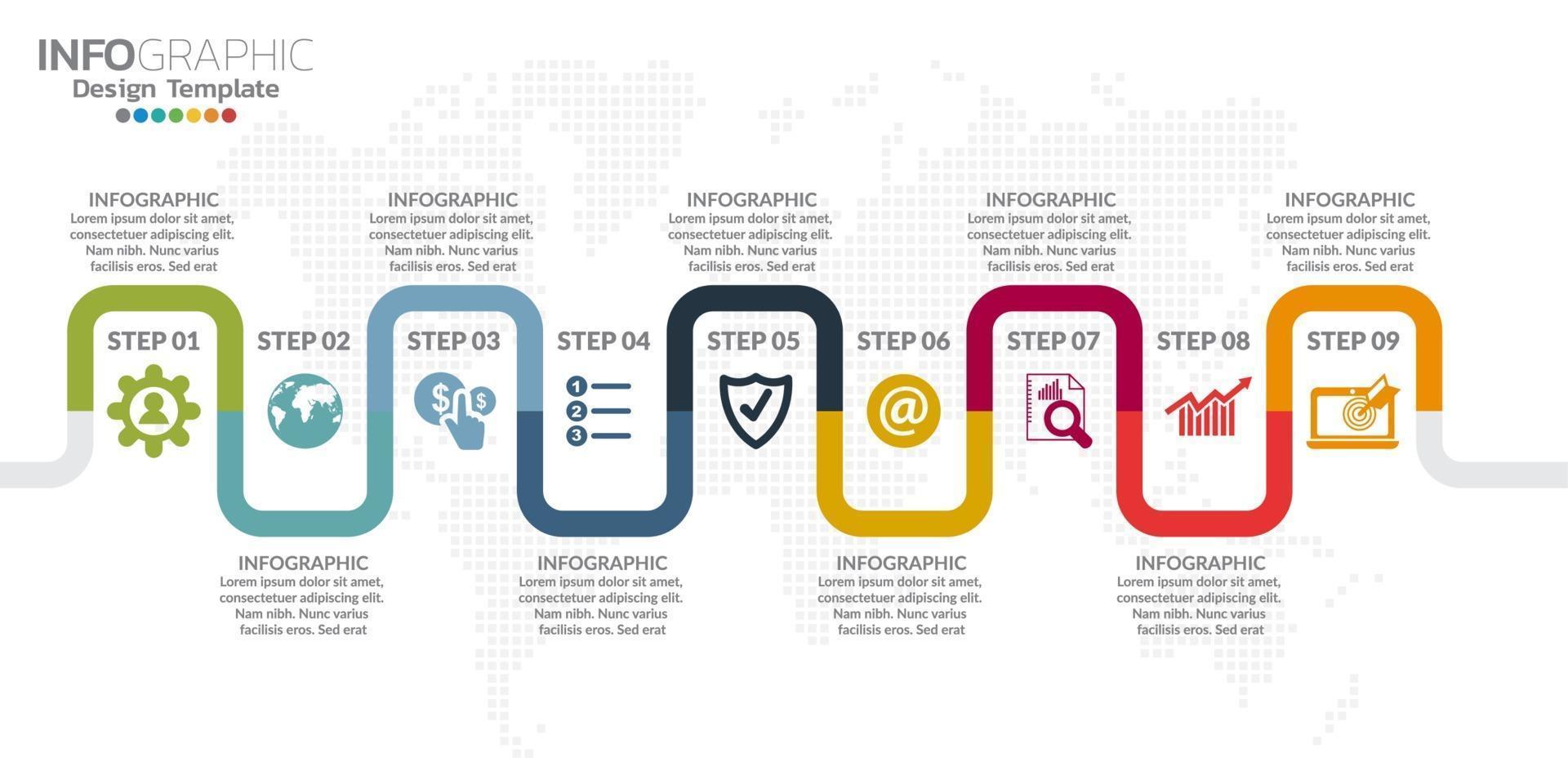 infographics tijdlijn ontwerpsjabloon met pictogrammen en tekstlabel. vector