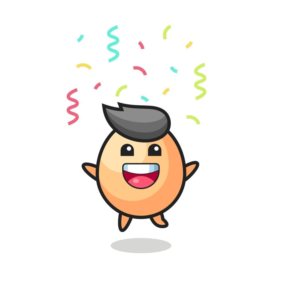 blij ei mascotte springen voor felicitatie met kleur confetti vector