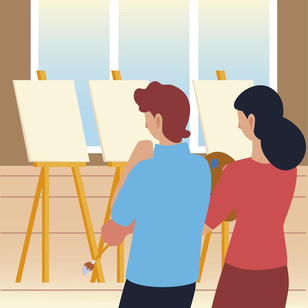 verfklasse kunst, man en vrouw kijken naar een leeg canvas in studio vector