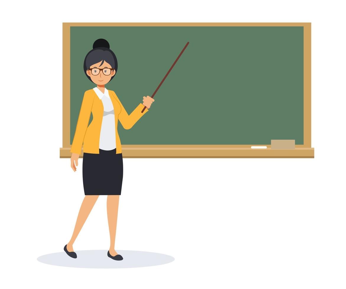 vrouwelijke leraar met een leeg bord en een aanwijsstokje. vector
