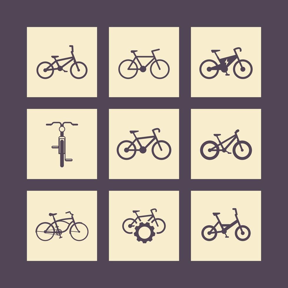fiets, fietsen, fiets, elektrische fiets, fat-bike vierkante pictogrammen vector