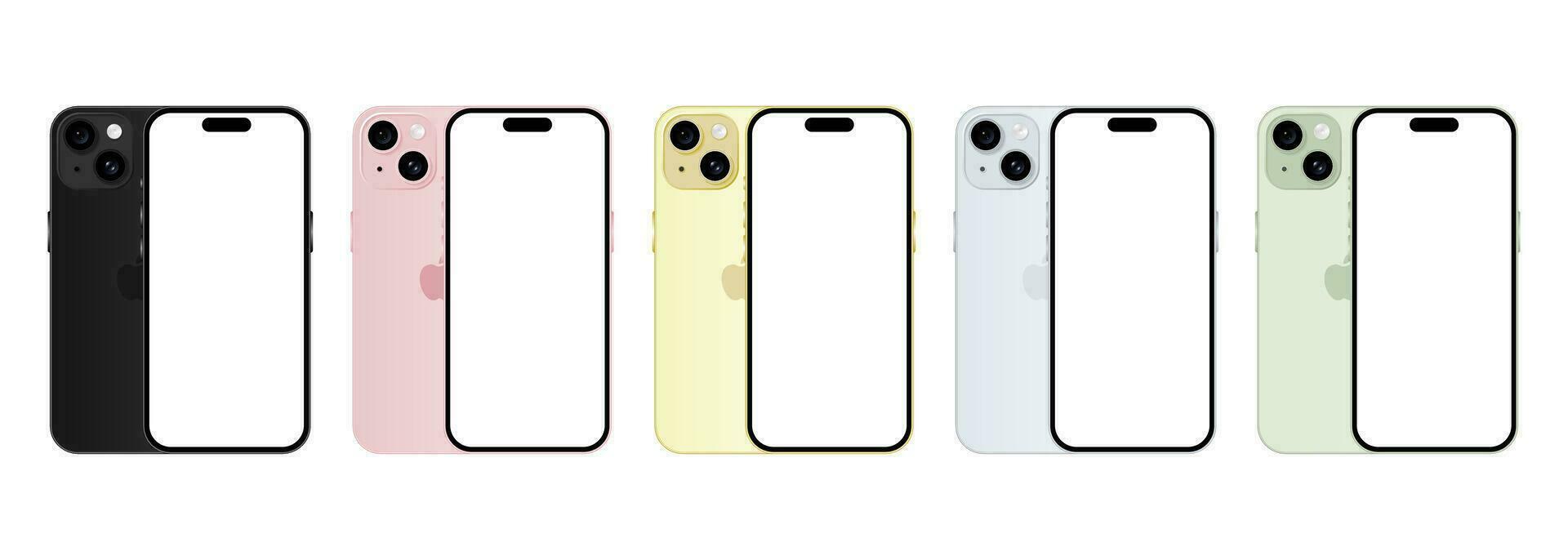 iphone 15 model. allemaal kleuren smartphone voorkant en terug kant. voorkant visie en terug visie. vector model. vector illustratie