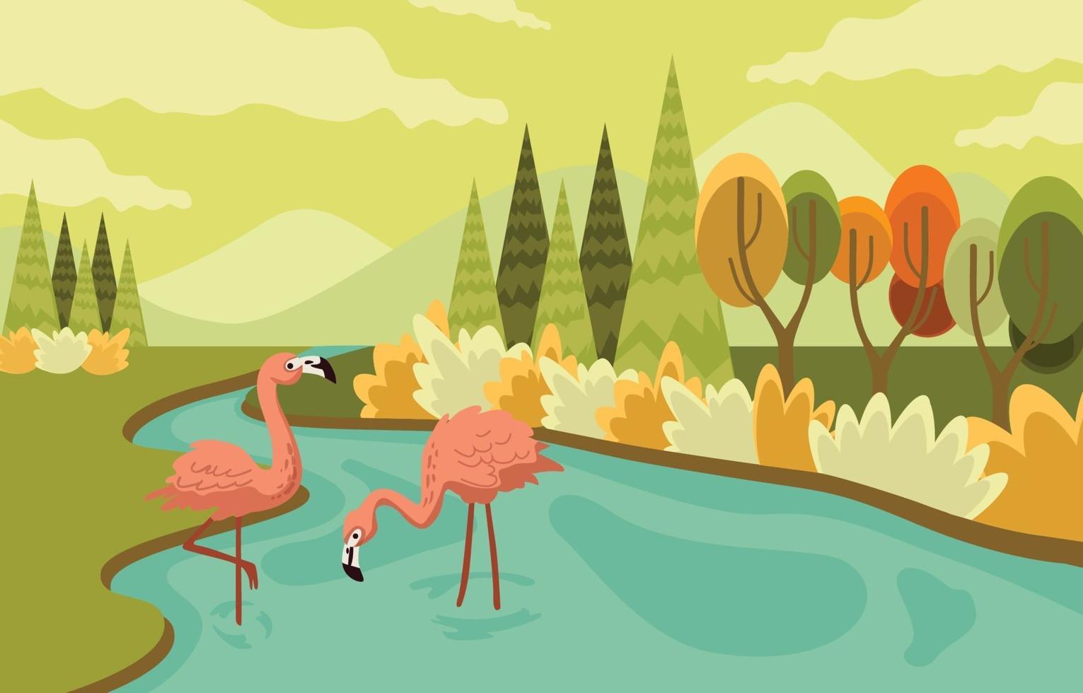 flamingo's bij de rivier achtergrond vector